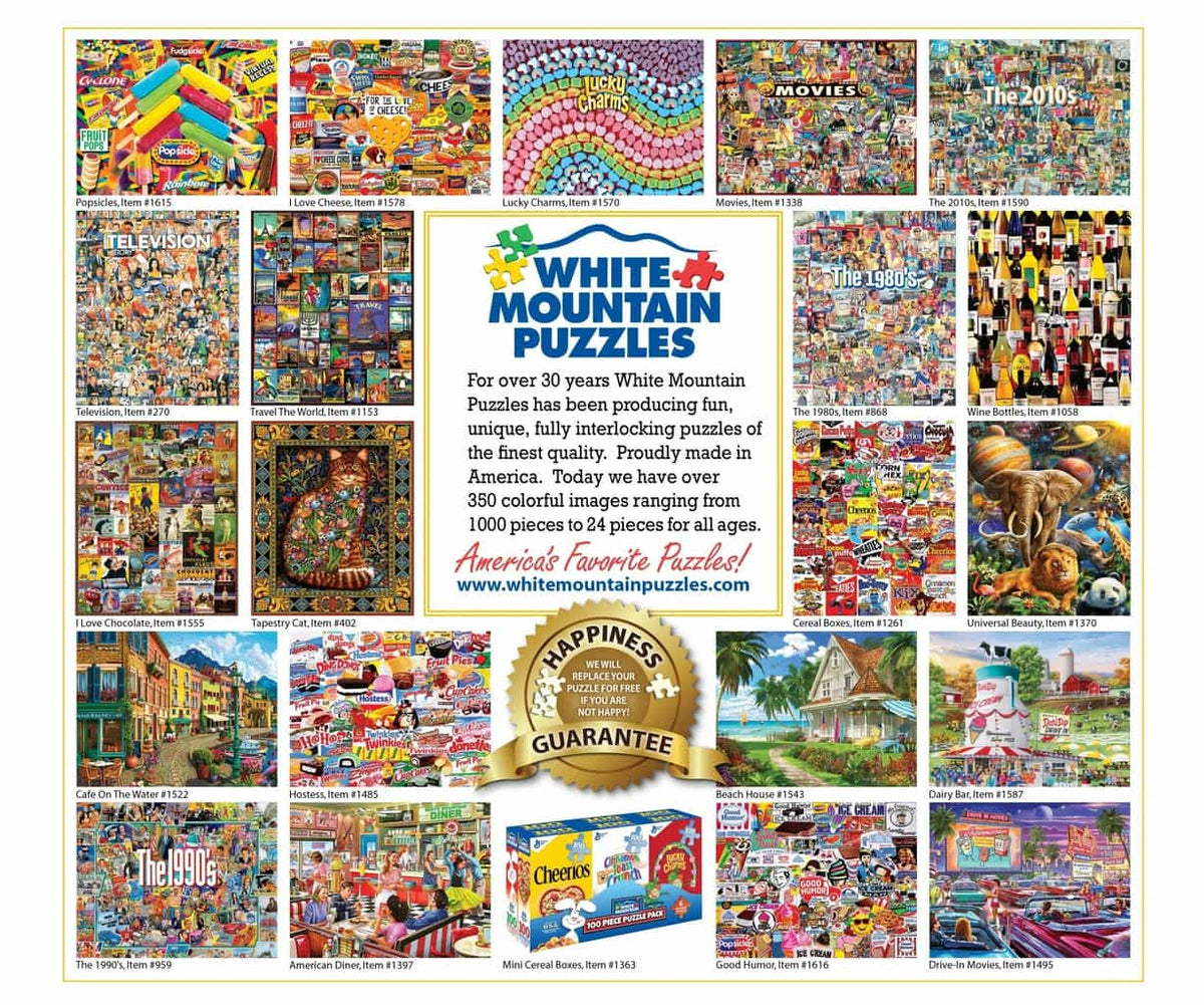 Building Snowmen 500 piece jigsaw puzzle by White Mountain Puzzles, back of box