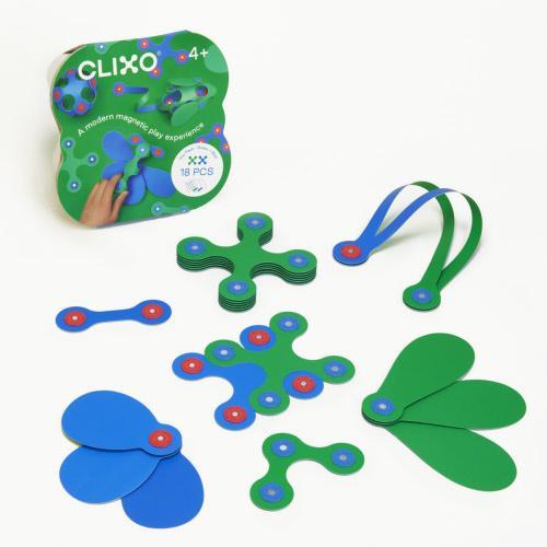 Clixo Itsy Pack Blue/Green - Magnetic Toy for Kids - Flexible, Durable, Imagination-Boosting Magnet Building Toy. Educational Multi-Sensory STEM Experience. Great as a Travel Game. Ages 4-99. 18 Piece Pack