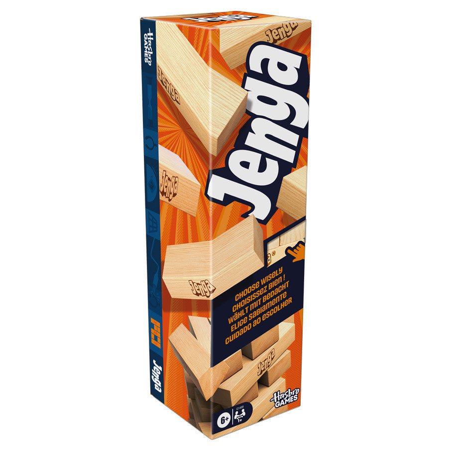 Hasbro Gaming Jenga block stacking tower game, 3D view of box