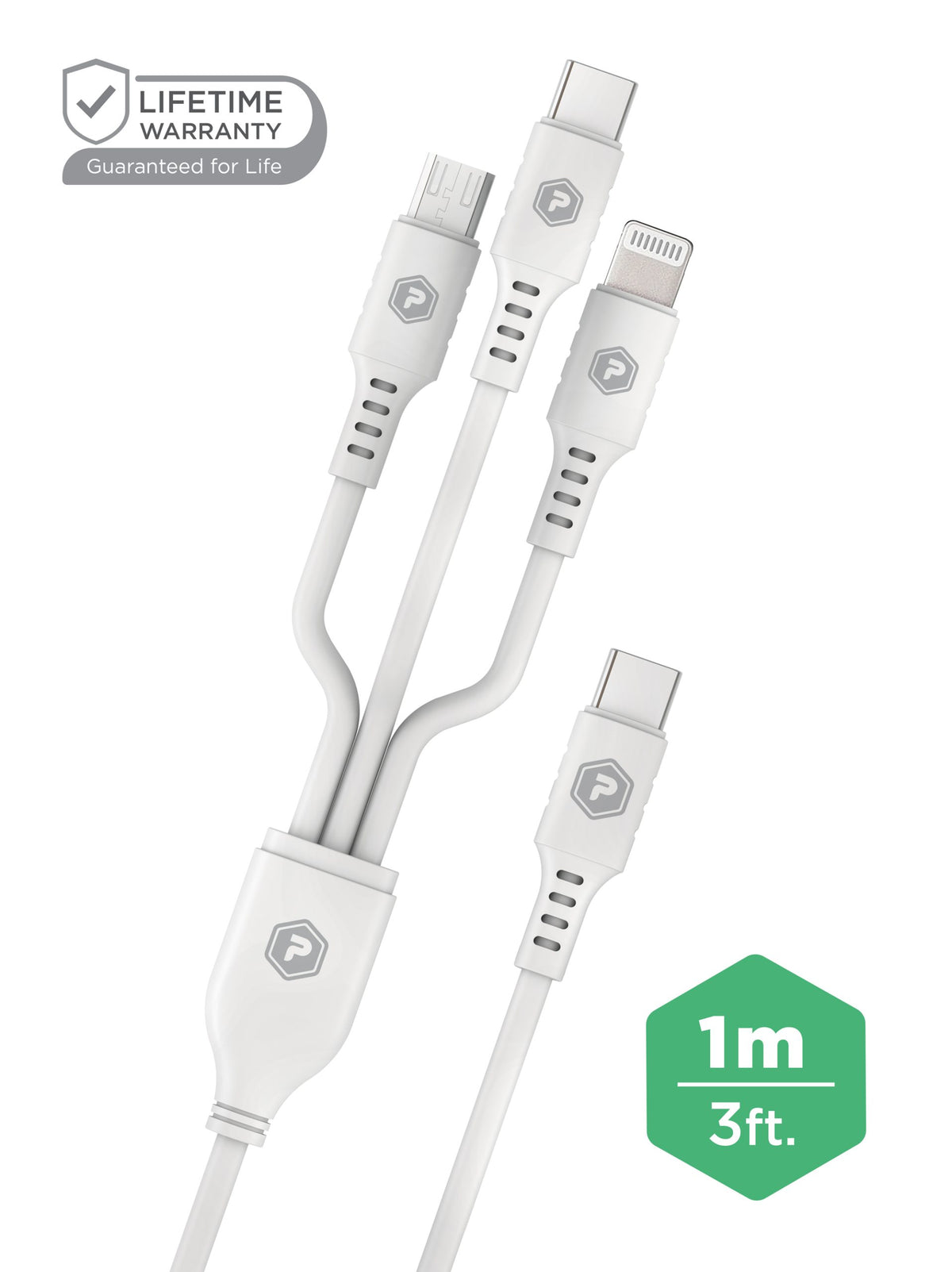PowerPeak ECONOMY 3 in 1 Cable 3 ft USB-C to Micro, Lightning, and USB-C - White - image 2