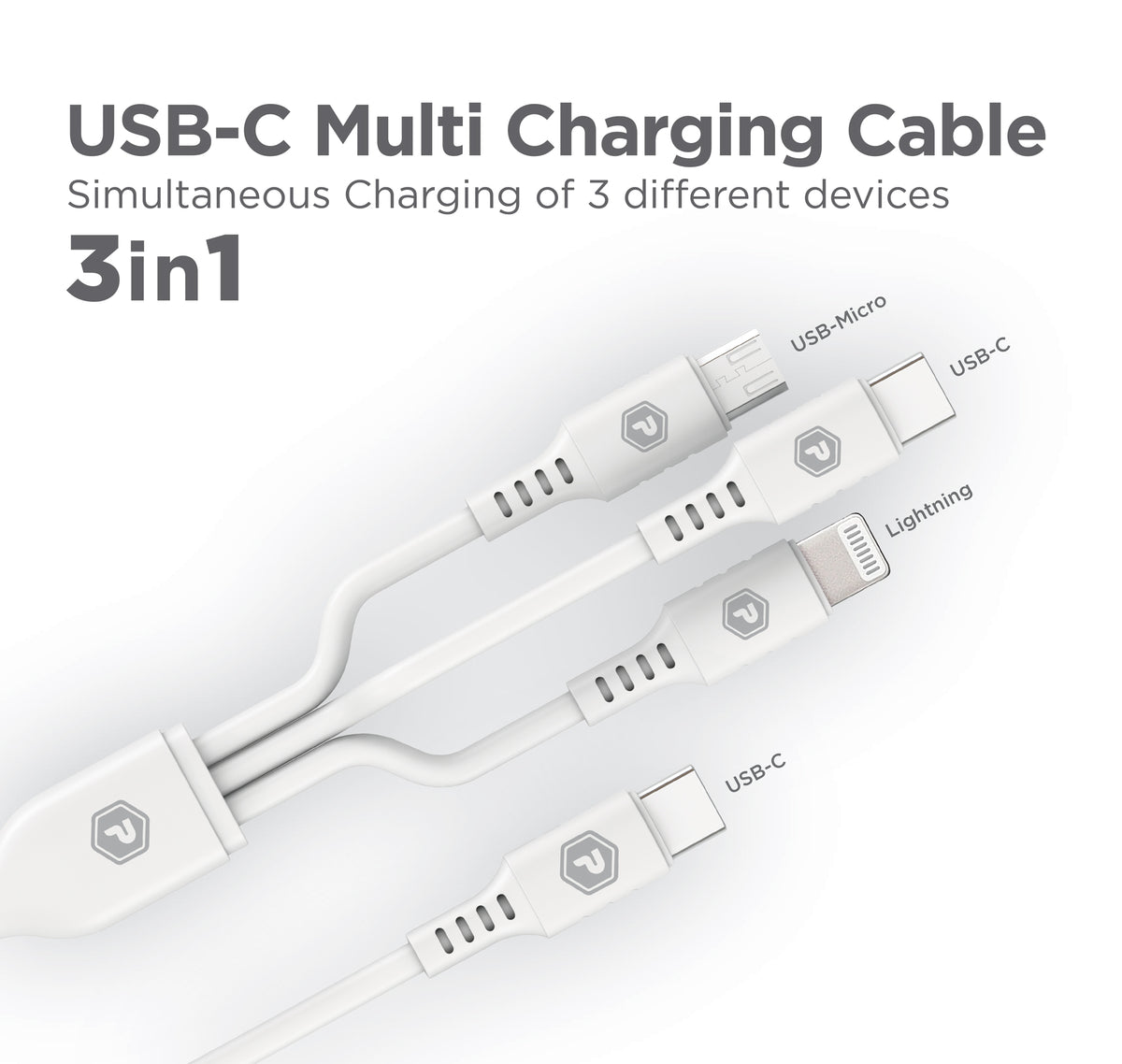 PowerPeak ECONOMY 3 in 1 Cable 3 ft USB-C to Micro, Lightning, and USB-C - White - image 1