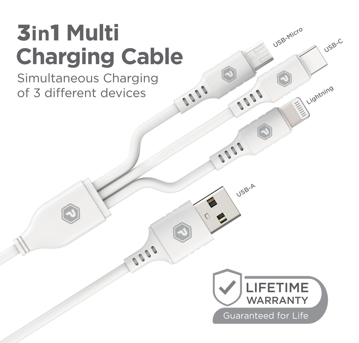 PowerPeak ECONOMY 3 in 1 Cable 3 ft USB-A to Micro, Lightning, and USB-C - White - image 4