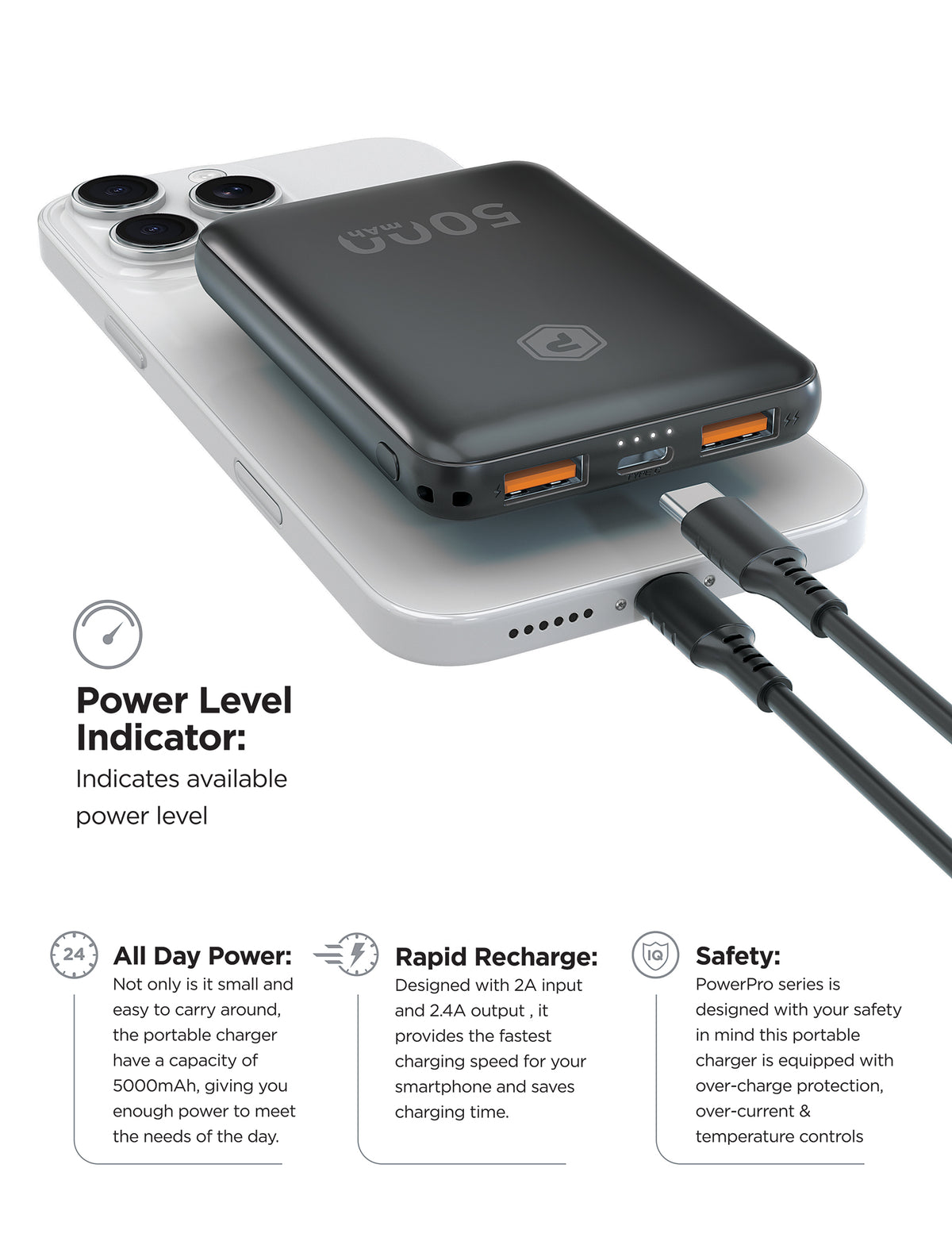 POWERPEAK 5000MAH PORTABLE CHARGER {2 USB CHARGING PORTS} - - image 3