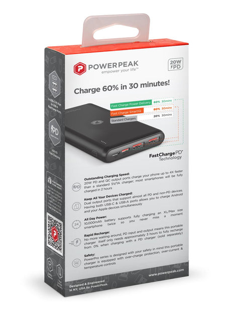 PowerPeak 10000MAH PD Fast Charge Portable Charger Dual Usb