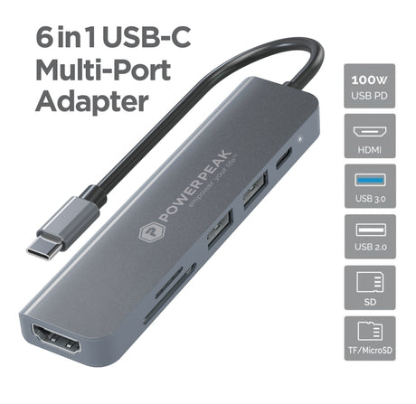 PowerPeak 6 in 1 USB C to HDMI Splitter, 2 USB 3.1, 1 USB-C, 1 Type-C PD charging, 1 MicroSD card slot, 1 SD card slot - image 1