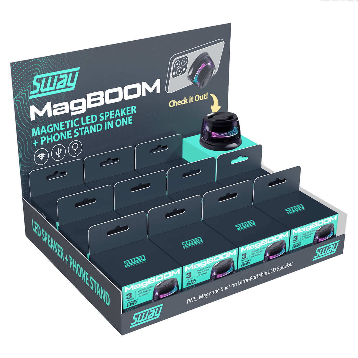 Sway - Magboom Led Magnetic Bluetooth Speaker (12 Pack) - Black