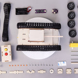 Robotics components including a tank-like chassis, wheels, and electronic parts on a gray background