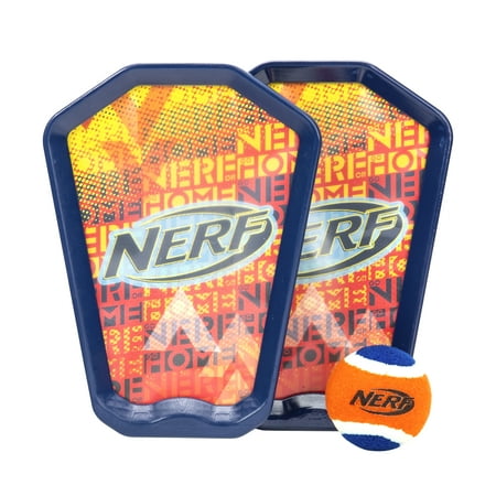 NERF Toss and Catch Game with Paddles + Ball - Tennis Ball Catch Game with (2) Self- Stick Paddles - Perfect Kids Beach Toy + Backyard Game Set - Includes 2 Sticky Mitts + Tennis Ball