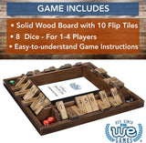 Wooden game board with flip tiles and dice on a wooden background, featuring WE Games branding.