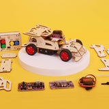 Wooden robot model with electronic components on a yellow background
