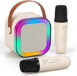 Portable speaker with rainbow gradient and two microphones on a white background