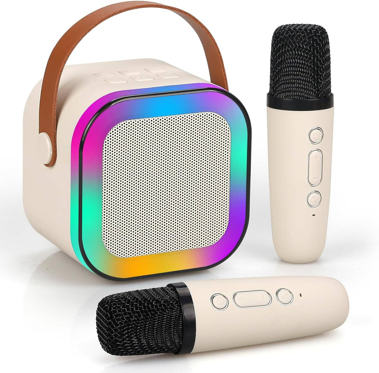Portable speaker with rainbow gradient and two microphones on a white background