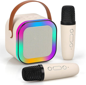Portable speaker with rainbow gradient and two microphones on a white background