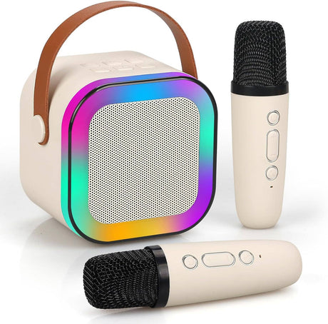 Portable speaker with rainbow gradient and two microphones on a white background