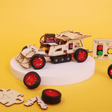 Wooden toy truck with red wheels on a yellow background