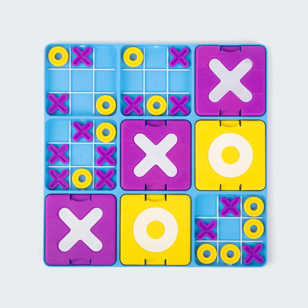 Colorful tic-tac-toe game board with Xs and Os on a light blue background