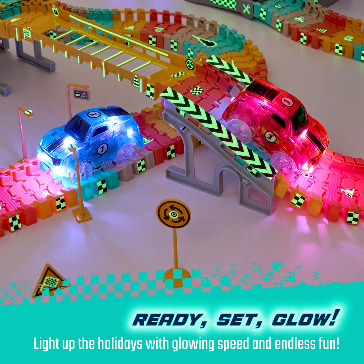 2 Light Up Racer Cars Speedway Themed Toy Set