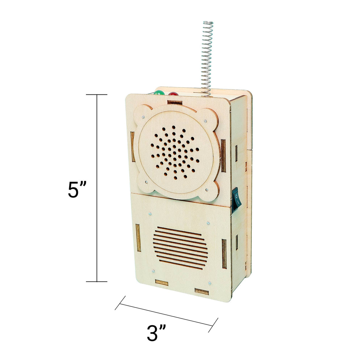 Wooden toy phone with dimensions indicated on a white background