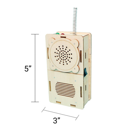 Wooden toy phone with dimensions indicated on a white background
