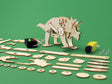 Wooden dinosaur model kit with pieces and tools on a green background