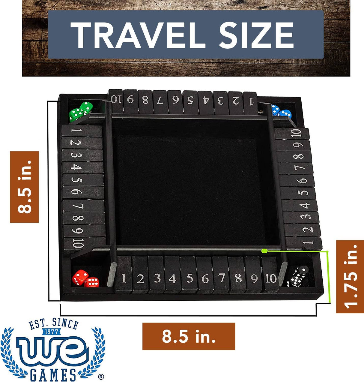 Travel size dice tray with dimensions and WE Games logo