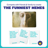Card game packaging with a monkey card and humorous text prompts on a blue background