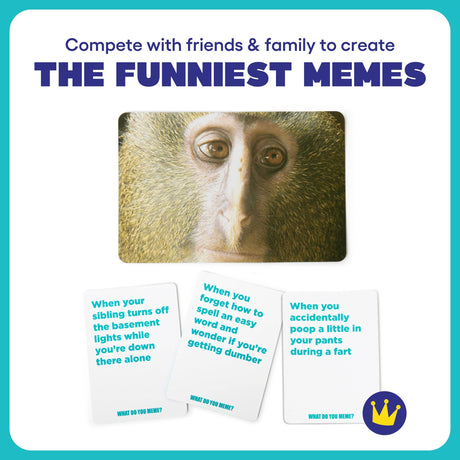 Card game packaging with a monkey card and humorous text prompts on a blue background