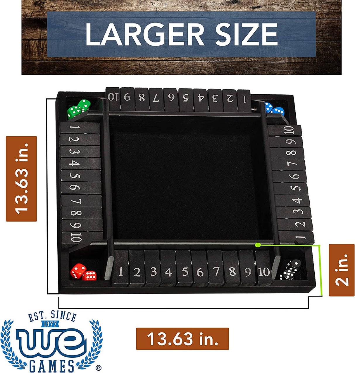 Dice tray with measurement details and WE Games logo