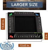 Dice tray with measurement details and WE Games logo