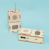 Wooden toy phone with a rotary dial on a light blue background