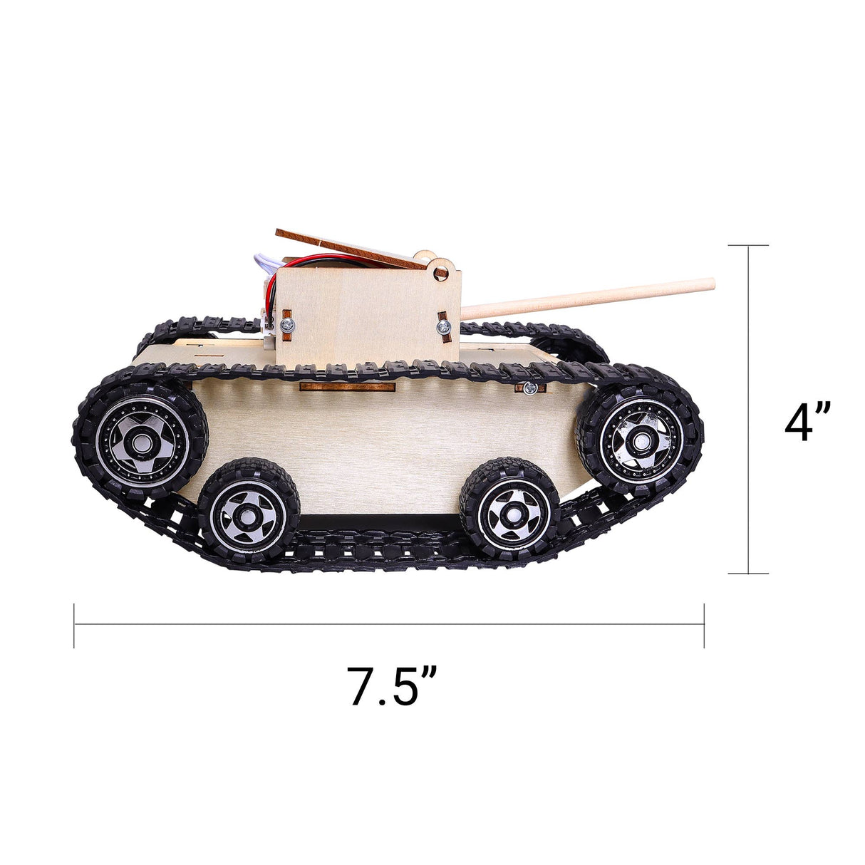 Small tank model with dimensions labeled on a white background