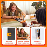Two children playing with a toy game at a table, with additional images of the toy and text highlighting features.
