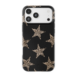 A black phone case with a pattern of large leopard-print stars, shown on a white smartphone against a plain white background.