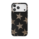 A black phone case with a pattern of large leopard-print stars, shown on a white smartphone against a plain white background.