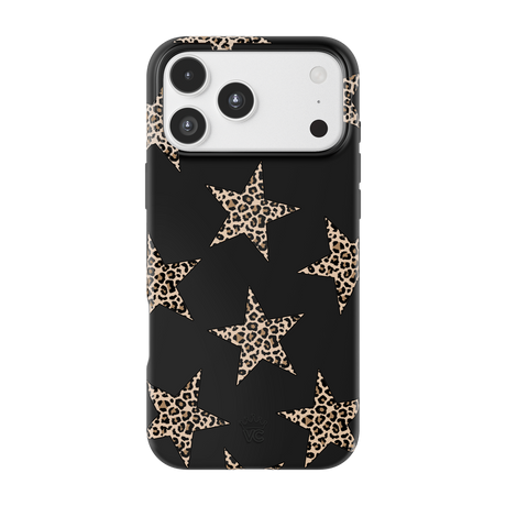 A black phone case with a pattern of large leopard-print stars, shown on a white smartphone against a plain white background.