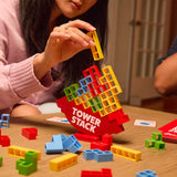 Colorful building block game called 'Tower Stack' being played on a table.
