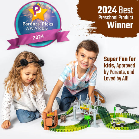 Dinosaur Race Car Track Set Toy, STEM Glow In The Dark Toy