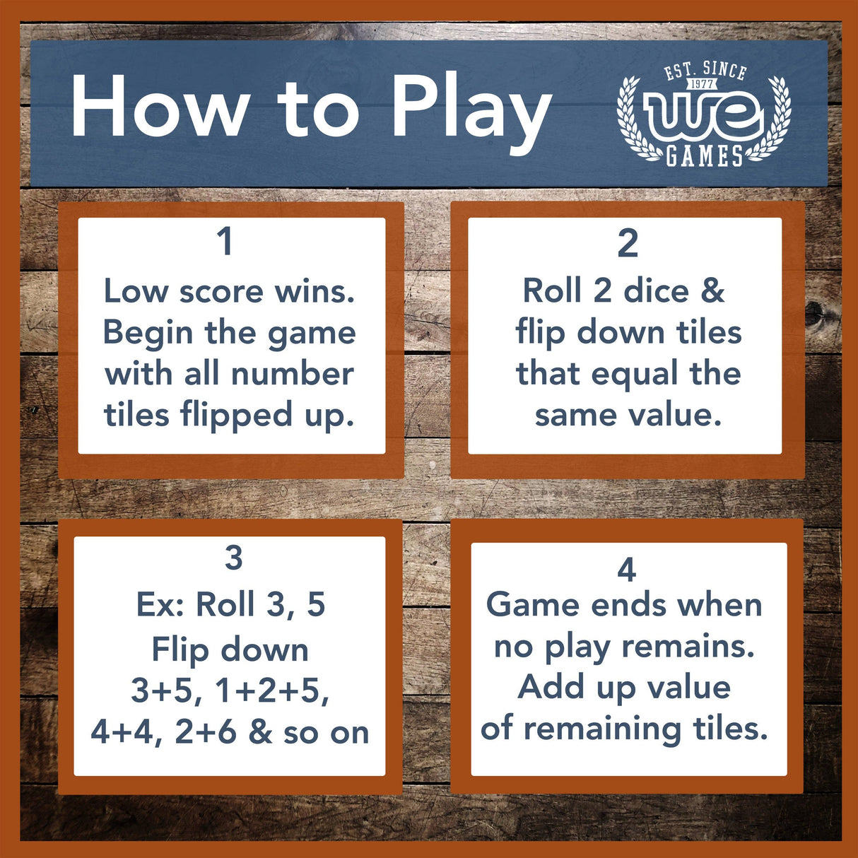Instructional card on how to play a dice game with WE Games logo.