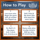 Instructional card on how to play a dice game with WE Games logo.
