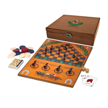 Board game set with pieces, dice, and cards on a white background