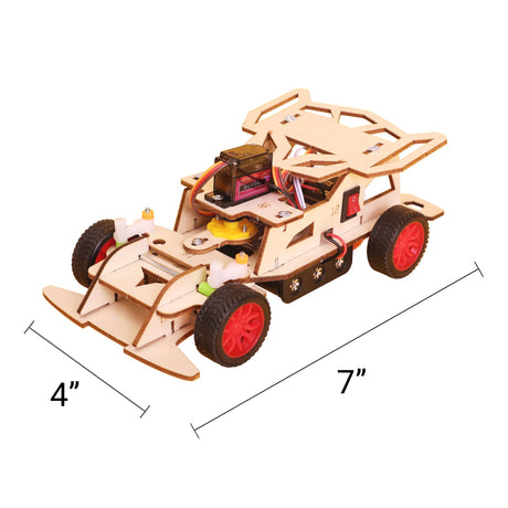 Wooden model car kit with dimensions indicated on a white background