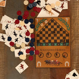 Board game with cards, chips, and a horse racing theme on a wooden surface.