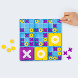 Colorful tic-tac-toe game board with pieces on a white background