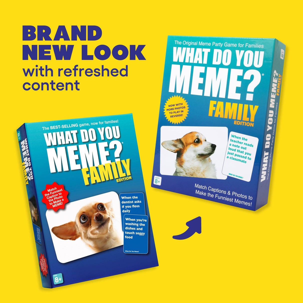 Two 'What Do You Meme?' Family Edition game boxes on a yellow background with text about refreshed content.