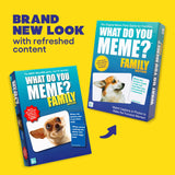 Two 'What Do You Meme?' Family Edition game boxes on a yellow background with text about refreshed content.
