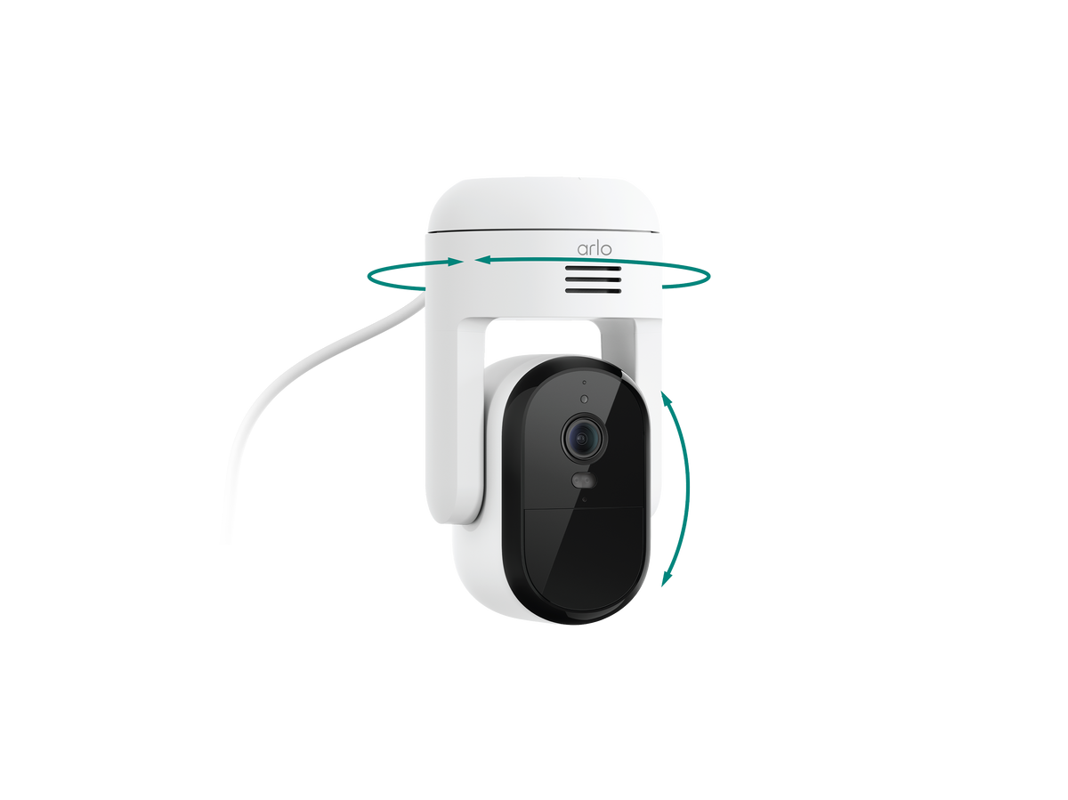 Arlo Essential Pan Tilt 2K outdoor camera showing 360 pan and 180 tilt