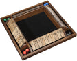 Wooden dice tray with numbered squares and dice on a white background