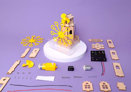 Model building kit with wooden pieces and electronic components on a purple background