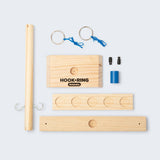 Set of wooden tools including a box labeled 'Hook Ring' on a light gray background