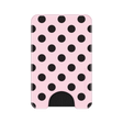 A slim pink wallet or card holder with a black polka dot pattern and a black cutout at the bottom, shown on a plain white background.